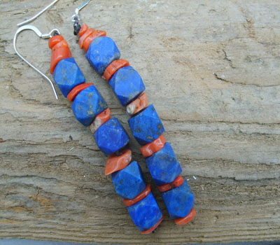 Earrings Lapis and Coral Stack- long and sleek -C